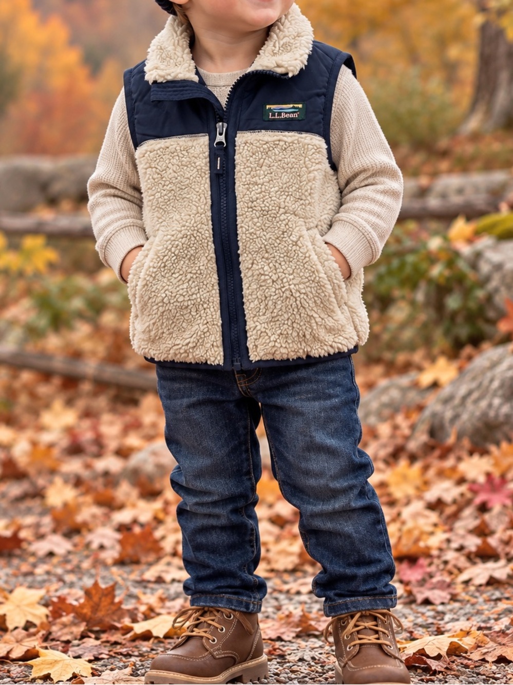 L.L.Bean Boys 3T Cream Sherpa Fleece Puffer Vest Navy Colorblock Full Zip